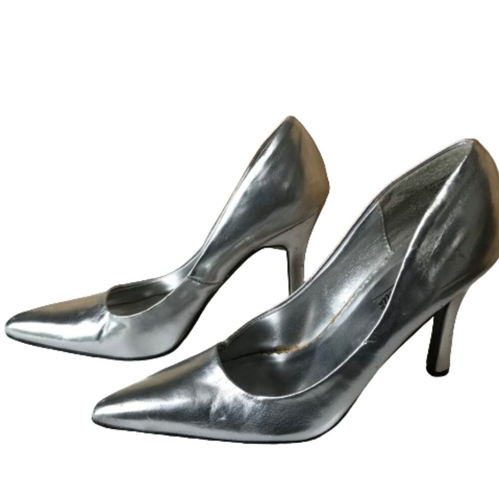 Anne Michelle Silver Stilettos, Atomic, Size 8